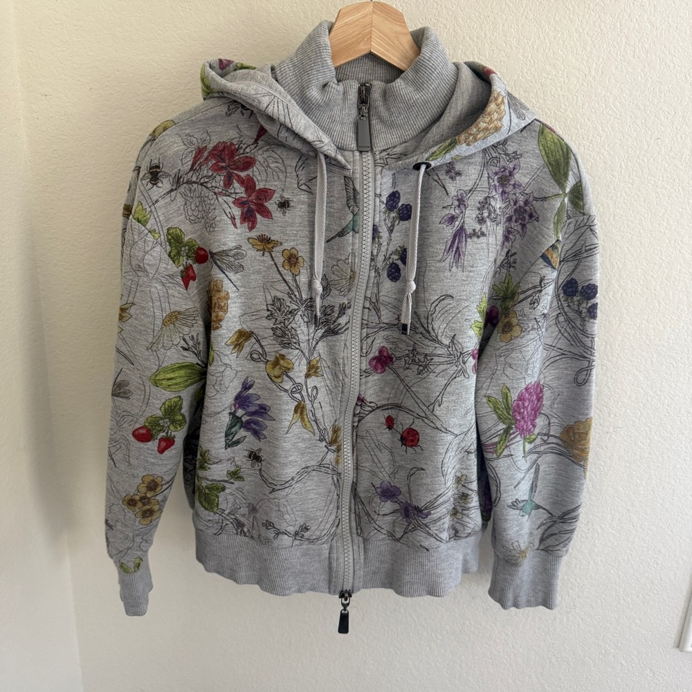 Escada Gray Floral Print Long Sleeve Jersey zip up hoodie sweatshirt size S